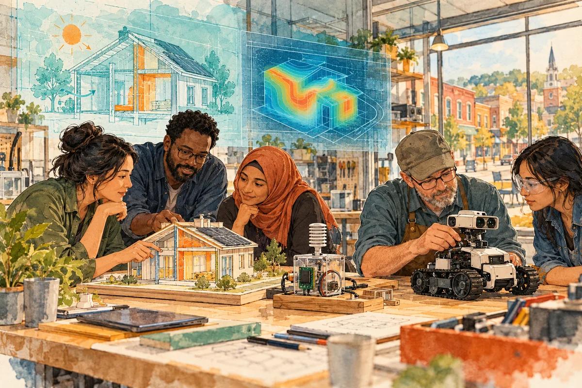 Conceptual watercolor illustration of adults in a community makerspace examining a building retrofit model, scientific sensor, and bench-top inspection robot.