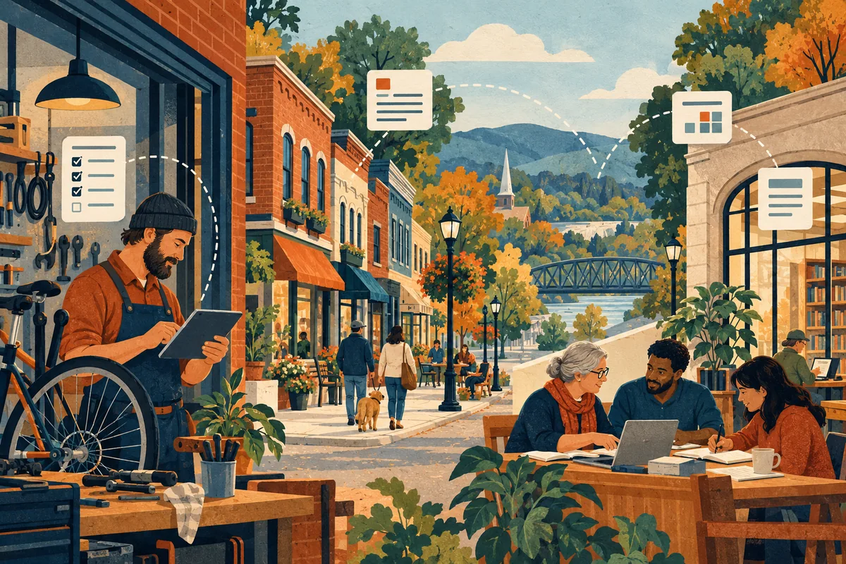 Conceptual illustration of a repair-shop owner and neighbors using digital tools in an imagined small-city main street.
